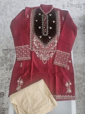 Maroon Embroidered Kurta with Cream Pants
